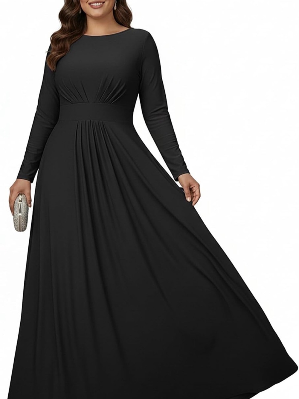 Black Long-Sleeve Maxi Dress with Waist Pleats